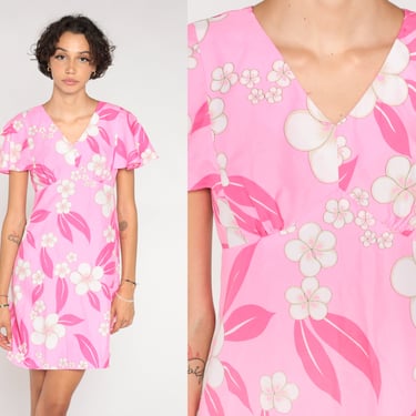 Pink Hawaiian Dress 70s Tropical Floral Mini Dress Retro Babydoll Short Flutter Sleeve Empire Waist Summer Vintage 1970s Small xs s 