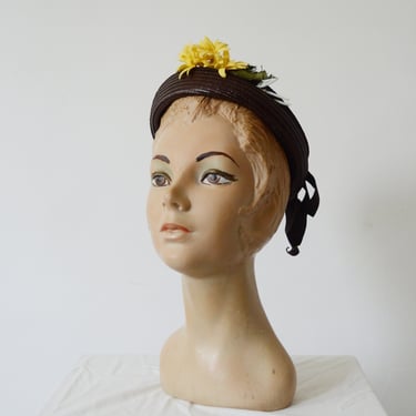 1930s Brown Straw Hat with Yellow Flower 