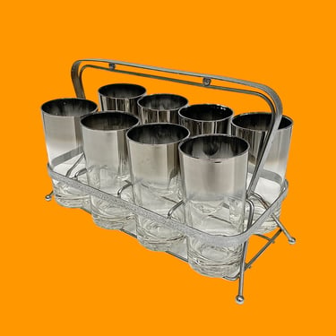 Vintage Highballs with Caddy Retro 1960s Mid Century Modern + Vitreon Queens + Lusterware + Silver Ombre Glasses + Set of 9 + Bar + Drinking 