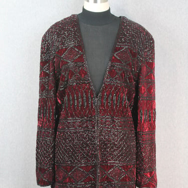1980s Red Velvet Beaded Cocktail Jacket - Holiday Party - Black Tie, Formal, Evening - Sequined Dinner Jacket 