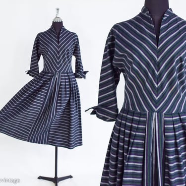 1940s Grey Chevron Stripe Dress | 40s Gray Purple Green Stripe Cotton Day Dress | AnR Jr | Medium 