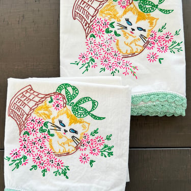 Pillowcases pair or 2 Cat with crocheted edge 