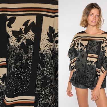 Abstract Blouse 80s 90s Brown Geometric Floral Print Shirt Bell Sleeve Vintage Hippie Earth Tones Dots Leaf Pattern Boat Neck Large L 