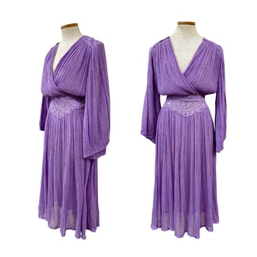 Vtg 70s Paper Thin Indian Gauze Gold Metallic Lavender Bell Sleeve Tunic Dress 