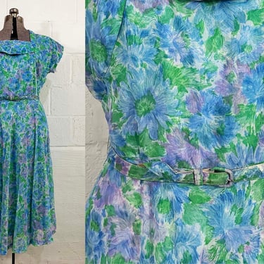 Vintage Floral Dress Blue Green Party Prom Cap Sleeve Watercolor 1950s 1960s Aesthetic Mad Men Betty Draper Wedding Bridesmaid Large XL 