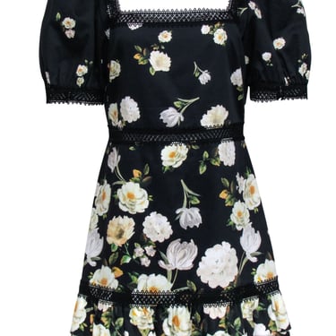 Alice &amp; Olivia - Black Floral Print Short Sleeve &quot;Wylie&quot; Mini Dress Sz 12