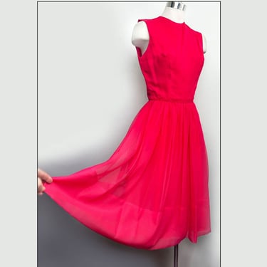 60's Hot Fuchsia Pink Silk Chiffon Evening Party Dress Gown Vintage 1950's, 1960's, mid century, Full Skirt, Cocktail Party 