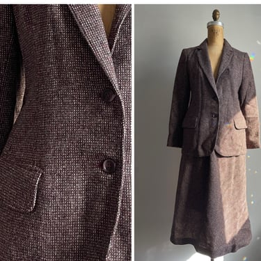 Vintage ‘70s JOHN MEYER wine & gray wool tweed suit | blazer and skirt set, ladies 1970s wool suit, S 