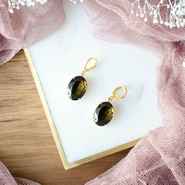 olive brown earrings, Czech glass earrings, Art Deco huggie hoop drop oval earrings, gift for her 