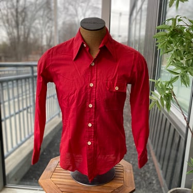 BUD BERMA Vintage Red Button Front Shirt - Size Medium - White Contrast Stitch - Western Cowboy Lightweight Long Sleeve Pointy Collar 