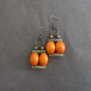Mid century modern earrings, industrial earring, unique artisan earring, bohemian boho hippie earring, antique bronze orange wooden earring2 