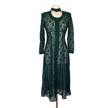 Vintage 90s Emerald Green Floral Lace Choker Neck Prairie Fit Flare Dress Size 7 