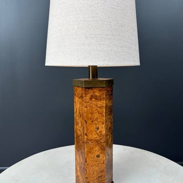Mid-Century Modern Hexagonal Burl Wood & Brass Table Lamp , c.1960’s 