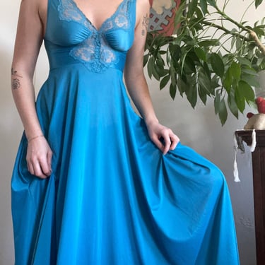 1970s Olga Aqua Blue Nightgown with Lace Panel and Full Skirt size XS P 