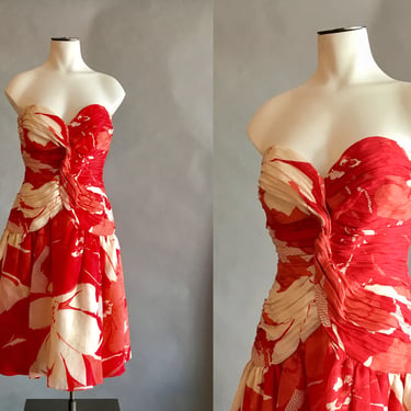 1980s Morton Myles Dress /Strapless Dress / Floral Dress / 1980s Dress / Party Dress / Size Small 