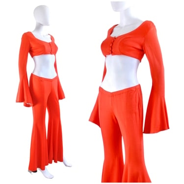 KILLER Early 1970s Fredricks of Hollywood Vibrant Orange Bell Sleeve Crop Top & Bellbottoms Pant Set - 70s Crop Top  | Size Small 