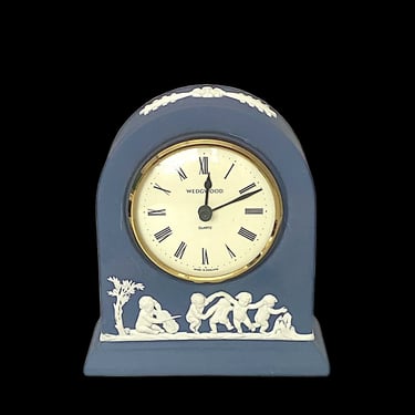 Vintage Dark Blue Wedgwood Jasperware Clock with Neoclassical Scenes England 