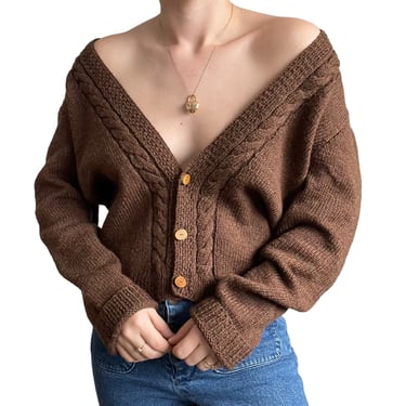 Vintage Womens Hand Knit Espresso Brown 100% Wool Chunky Preppy Cardigan Sz M 