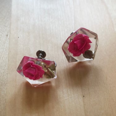 Vintage Lucite Clip-On Earrings with Pink Rose - 1970s 