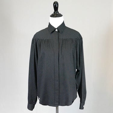 80s Black Polka Dot Blouse - LizSport Rayon Shirt - White Polkadots - Long Sleeves - Liz Claiborne - Vintage 1980s - P Petite 