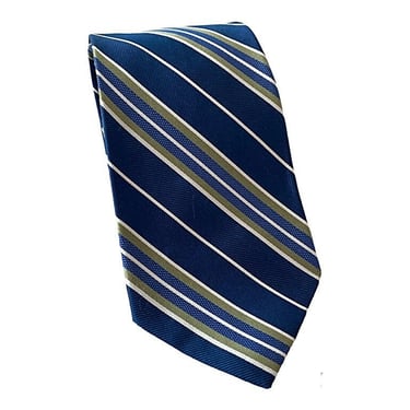 Vtg Paul Fredrick blue striped repp tie with khaki & cream lines. Italian silk standard trad necktie hand tailored in USA. 