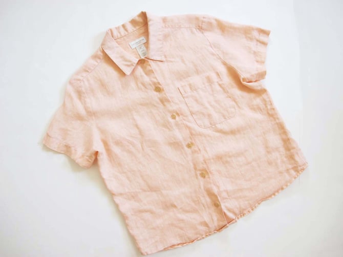 Vintage 90s Pale Pink Linen Short Sleeve Shirt M - Collared Linen Boxy  Button Up - Pastel Shirt - Natural Fiber 