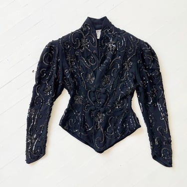 1980s Norma Kamali Black Patterned Sequin + Rayon Crepe Jacket 