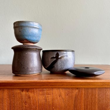 Instant collection of ceramics / blue and black handmade pottery cup, bowl, jar and candleholder 