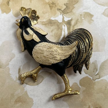 vintage rooster brooch black and gold enamel chicken pin 