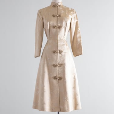 Luxurious 1950's Chinese Silk Hostess Dress With Pockets / Medium