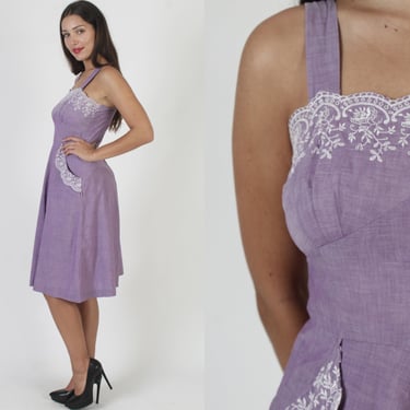 50s Violet Embroidered Eyelet Dress, Plain Cut Out Floral Cotton, Elegant Full Skirt Sundress With Hip Pockets 