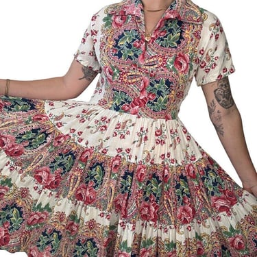 Vintage 1970s Womens Handmade Floral Pleated Pointed Collar Cocktail Dress Sz M 