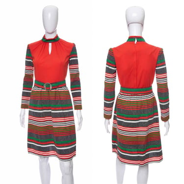 1970's Toni Todd Orange and Multicolor Striped Dress Size S
