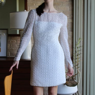Vintage 1980s Mary McFadden Couture Dress, XS Women, white pleated with crochet overlay, second wedding dress 