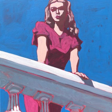 Woman on Balcony  |  Original Acrylic Painting on Canvas 16 x 20  |  fine art, figurative, red dress, girl, hopper, michael van, modern 