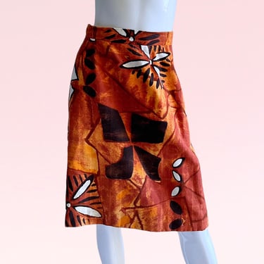 Vintage 1960s Hawaiian Tiki Mod Barkcloth Skirt, Psychedelic Summer Party Skirt Medium 