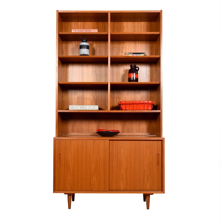 Danish Teak 2-Pc 42&#8243; Bookcase Display Top w: Sliding Door Storage Cabinet Below