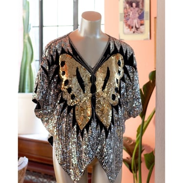 Vintage Sequin Butterfly Top - 1980s - Silver, Gold, Black - Disco, Glam 