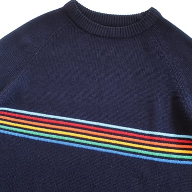 vintage sweater / rainbow sweater / 1970s navy blue rainbow striped acrylic knit raglan cut crew neck sweater Small 