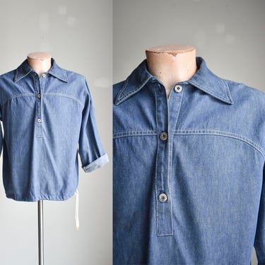 Vintage Geoffrey Beane Denim Shirt / The Beene Bag Denim Popover Top / Navy Inspired Denim Shirt / Vintage 80s Geoffrey Beane Shirt 