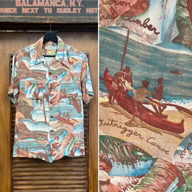Vintage 1940’s Rayon Coconut Climber Photoprint Postcard Hawaiian Shirt, 40’s Loop Collar Shirt, Vintage Clothing 