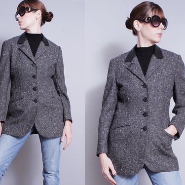 Vintage 1980's/1990's | Gray | 100% Wool | Made in Italy | Leather Trim | Blazer | Jacket | S/M 