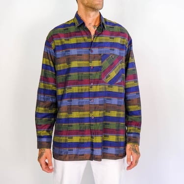 Vintage 80s Missoni for Neiman Marcus Zig Zag Stripe & Plaid Multi Color Print Shirt | Made in Italy | 100% Cotton | 1980s Designer Shirt 