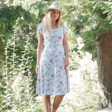 80's 90's Joni Blaire Floral Midi Dress | Cottagecore Corset Lace Back Summer Picnic Dress 