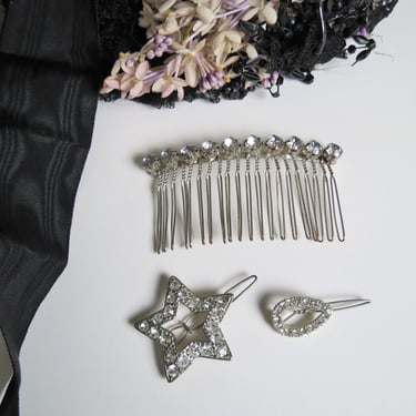 Vintage antique diamante rhinestone hair accessories comb barrette star celestial bridal boudoir 