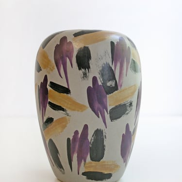 Large Vintage Scheurich Fat Lava Painterly Ceramic Floor Vase Purple Yellow Grey Pop Art Oval Round West German Pottery Studio Abstract Art 