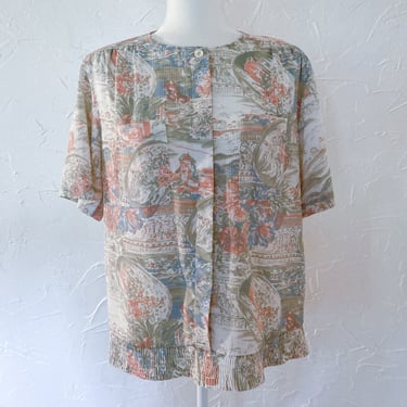 Early 90s Cream Pink Blue Green Art Nouveau Blouse | Large/Extra Large 