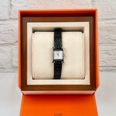 Hermes Heure H Stainless Steel Watch, Mother of Pearl Face W/ Diamonds, 17.2 mm Alligator Strap, Black