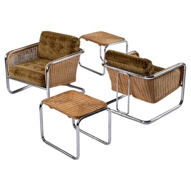 Martin Visser Cantilever Cube Chrome Wicker Modern Lounge Chairs and Tables 