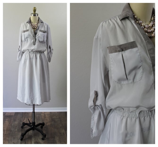Vintage 1970s 70s Lilli Ann San Francisco Gray light slouchy rolled up button sleeve dress   / modern small Medium  US 4 6 8 